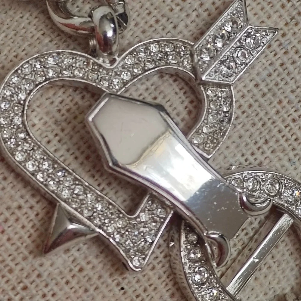 Silver Tone Rhinestone Heart Arrow Curb Chain Bracelet Fleur-de-lis Chunky 7.5